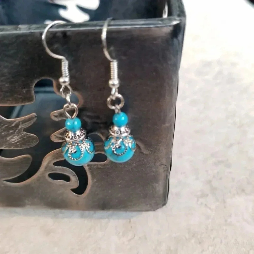 Handmade Turquoise Victorian Lace Art Nouveau Gemstone Bead Drop Earrings - Picture 3 of 7